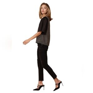 Nurode Pleated Sleeve Black Ribbon Top. Medium.